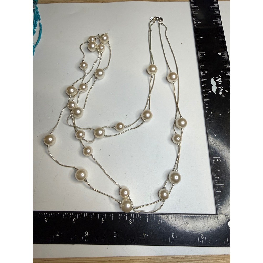 RMN Roman Silver Tone Multi Strand Faux Pearl Station Snake Chain Necklace 36in